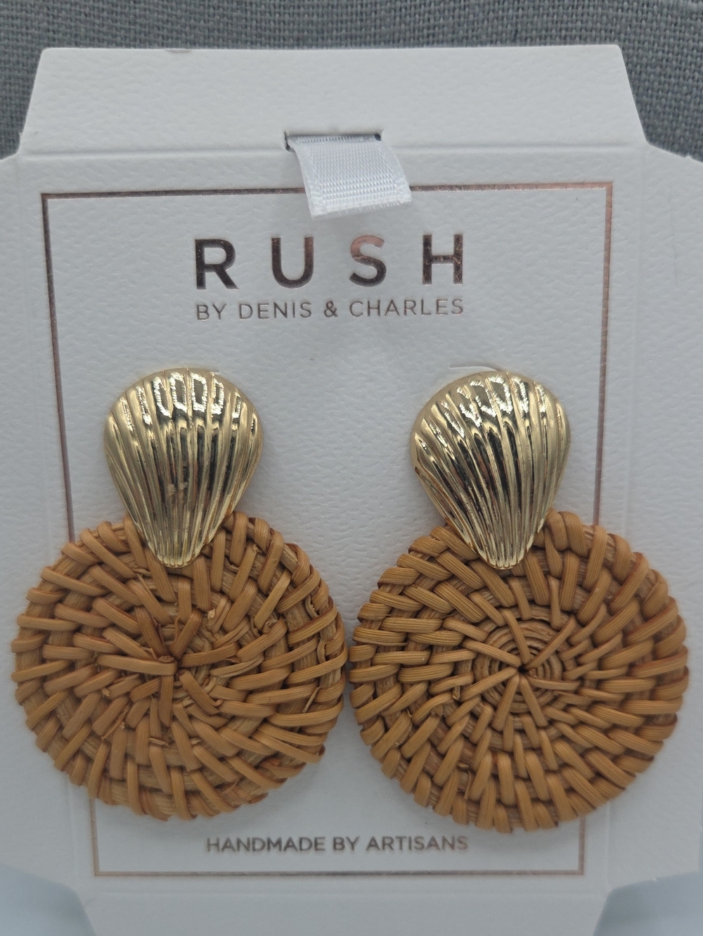 5 for $25! RUSH by Denis & Charles Gold Tone & Tan Woven Disc Drop Earrings